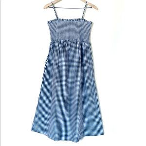 J. Crew Gingham Smocked Poplin Midi Dress Navy Blue